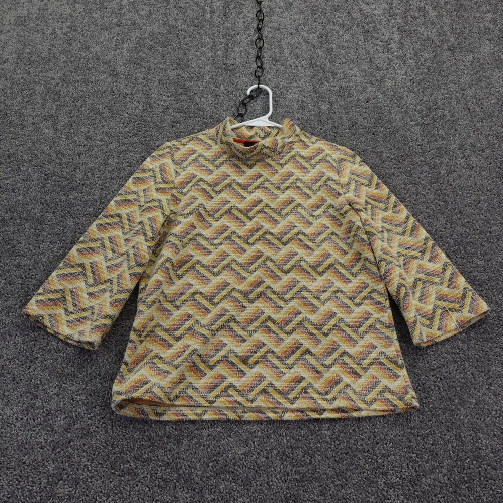 W5 Mock Neck Top Womens Small Yellow Orange Chevron Knit 3/4 Sleeve